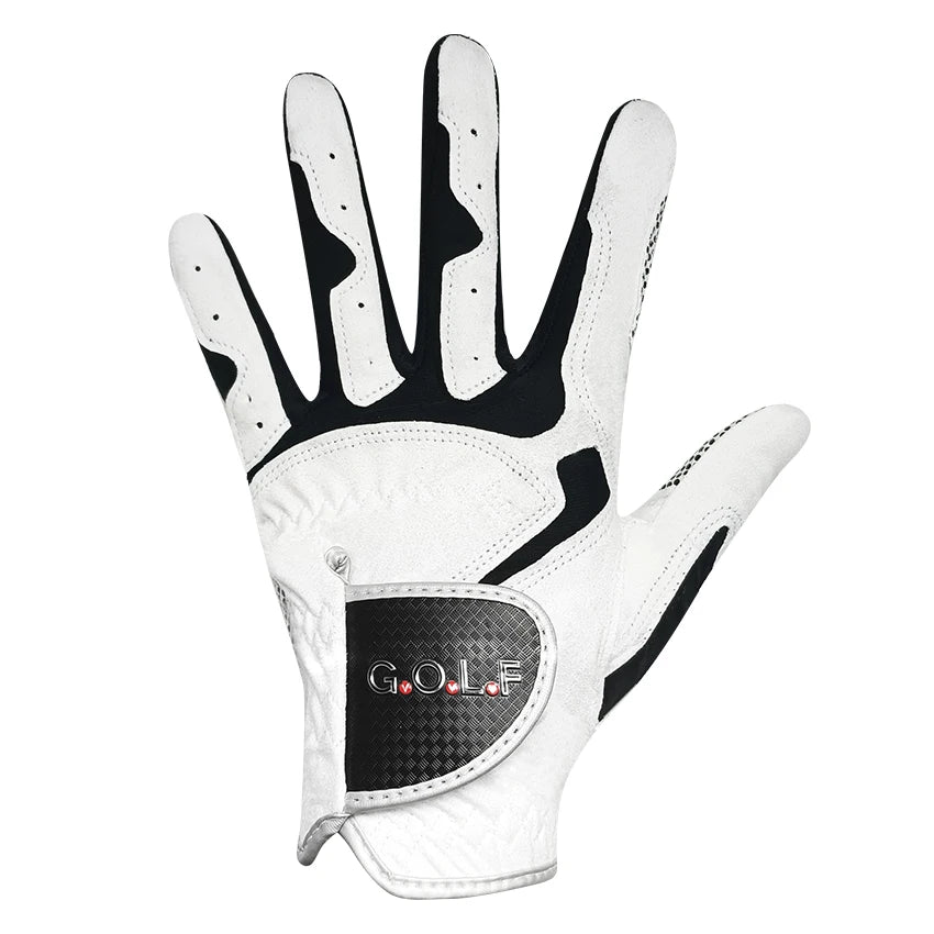 A close-up view of a white and black performance golf grip glove hand.