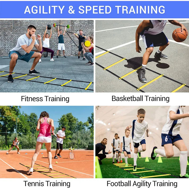 A collage showing various agility and speed training exercises including fitness, basketball, tennis, and football drills.