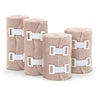 Rolls of beige elastic skin tone tendon bandages stacked and laid out for display