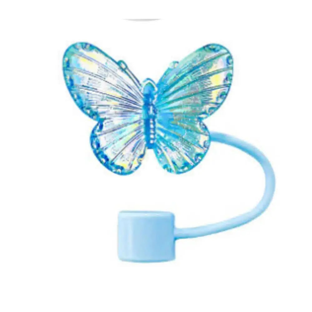 A clear silicone butterfly straw cover with blue iridescent wings and a light blue straw holder.