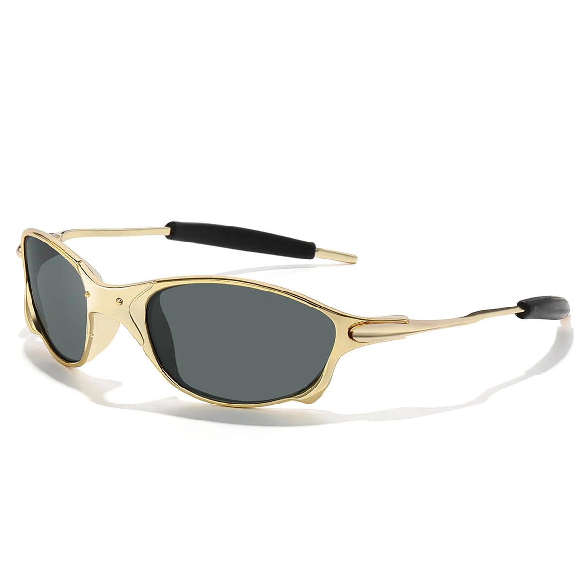 Gold-toned metal frame sunglasses with black temple tips and gray lenses