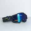 Black sport-grade skiing goggles with blue mirrored lenses and a black strap.