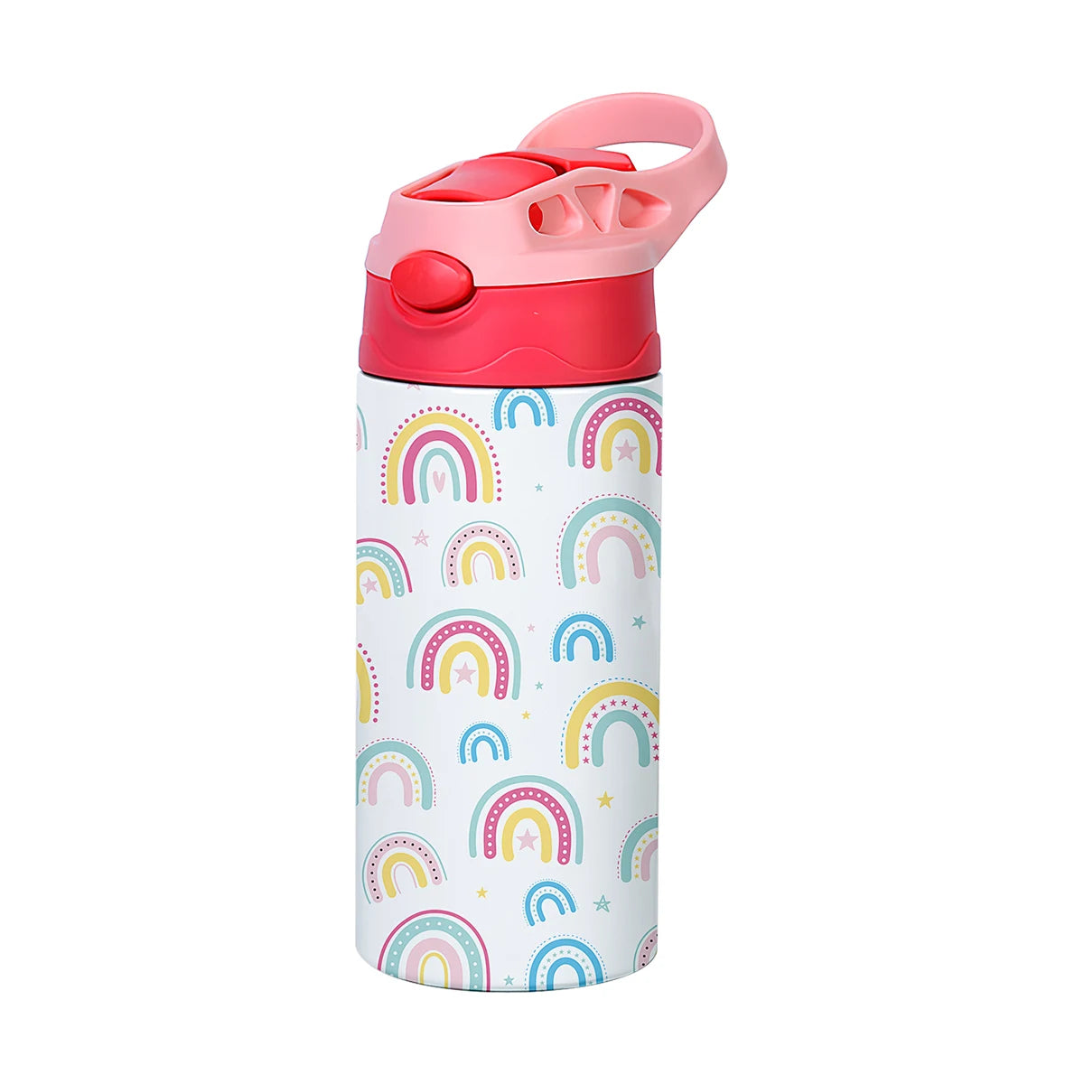 A pink and white insulated stainless steel thermos cup with a rainbow pattern.