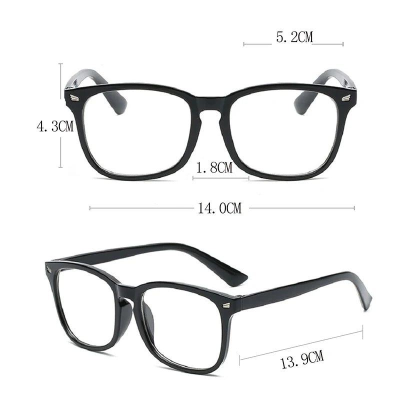A pair of black elegant anti-blue light reading glasses shown in multiple views.