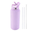 A purple stainless steel vacuum flask water bottle with a hinged straw lid and a separate metal straw.