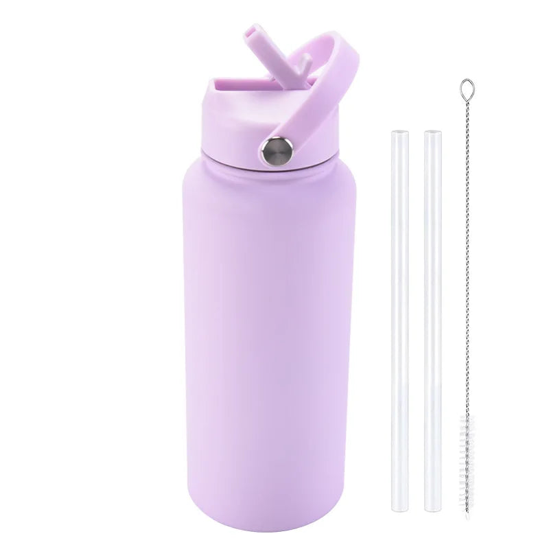 A purple stainless steel vacuum flask water bottle with a hinged straw lid and a separate metal straw.