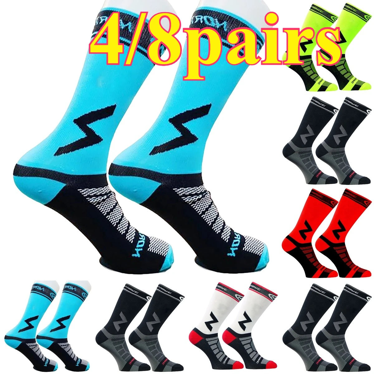 A set of four pairs of high-quality compression cycling socks in various colors and patterns.
