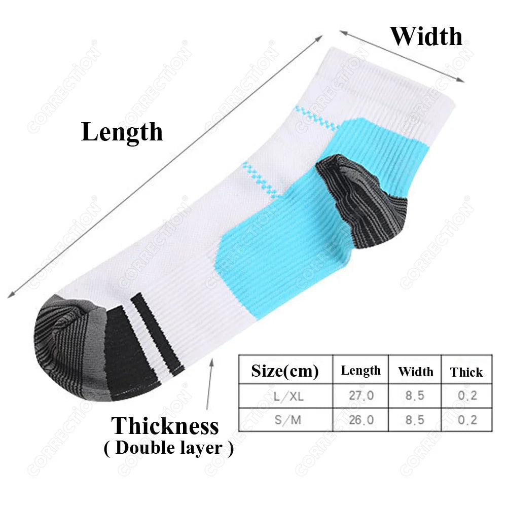 A pair of white and light blue compression socks shown flat, illustrating the length, width, and thickness measurements.