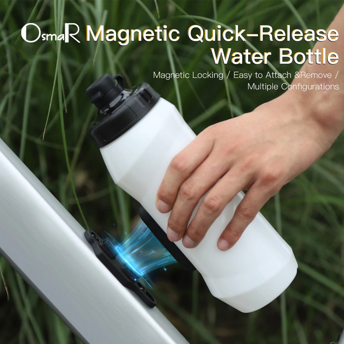 A hand is holding an OsmaR Magnetic Quick-Release water bottle, demonstrating its magnetic locking mechanism.