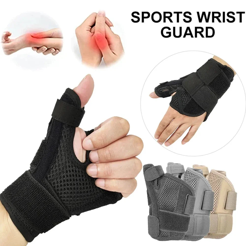 Black sports wrist guard and thumb splint brace shown in various angles for joint support