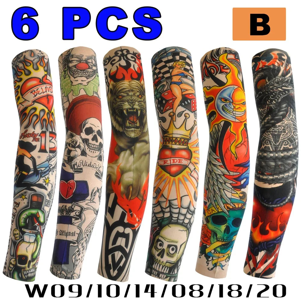 Seis mangas de tatuaje individuales y sin costuras para protección solar, en varios colores y diseños.
