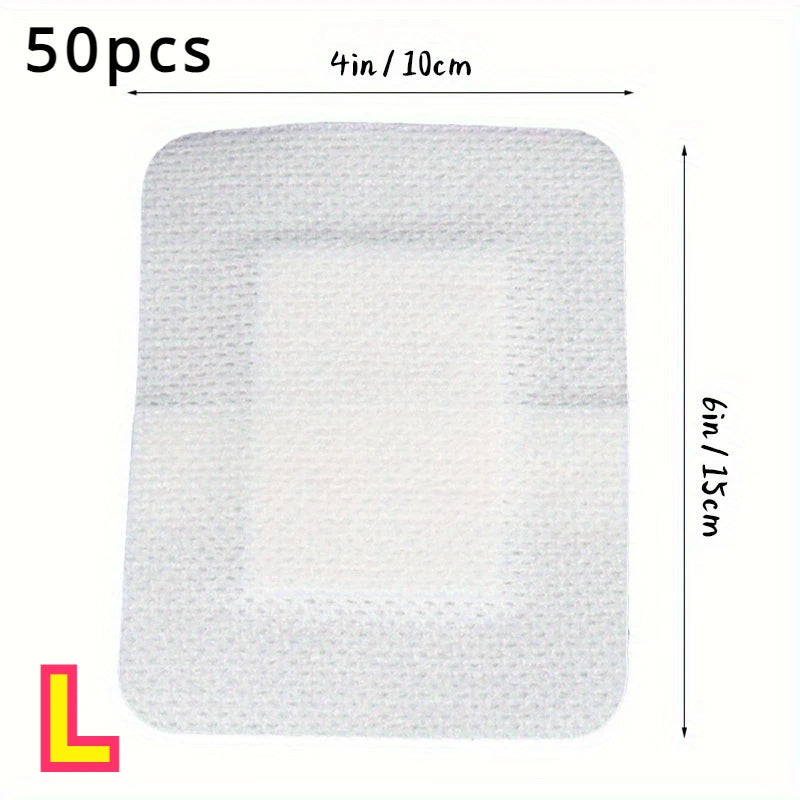 Paquete rectangular de 50 vendas adhesivas para heridas hipoalergénicas, midiendo 4x6 pulgadas.