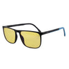 A pair of black frame blue light blocking glasses with yellow lenses.