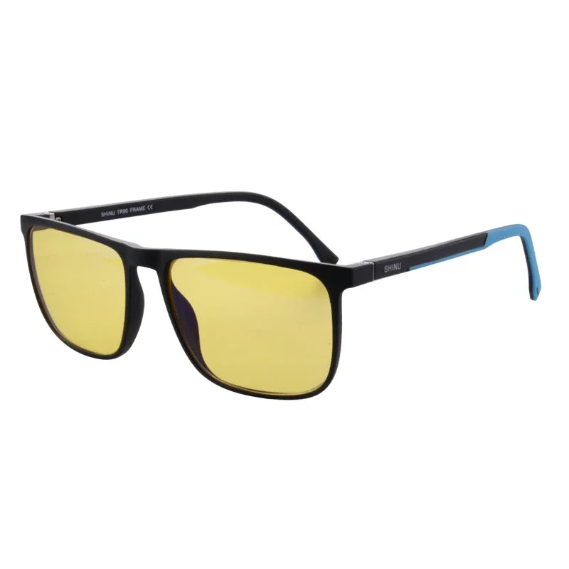 A pair of black frame blue light blocking glasses with yellow lenses.
