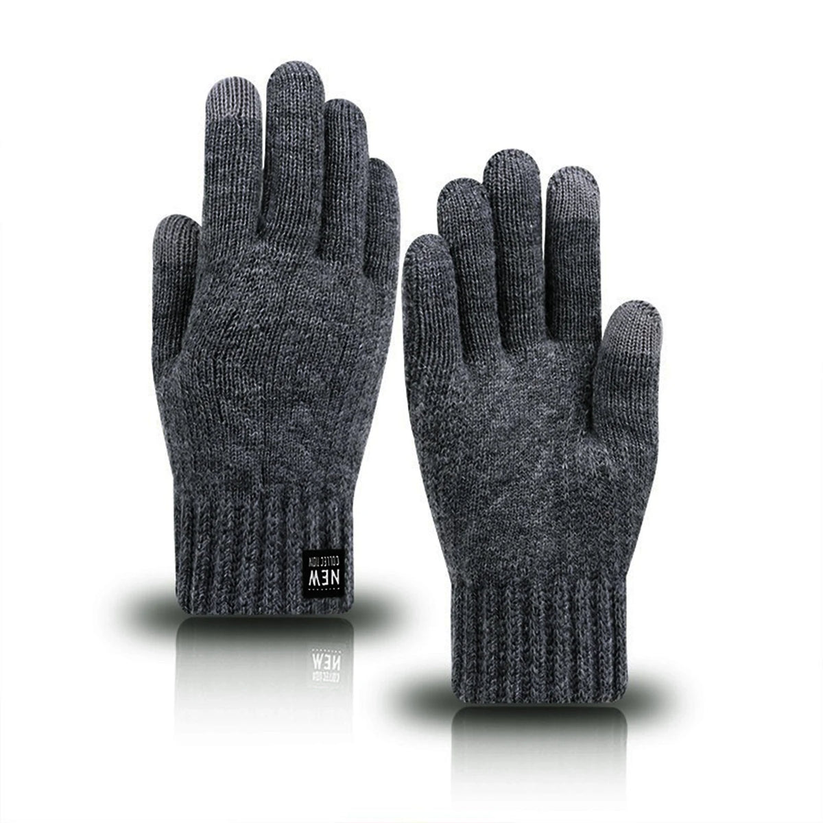 A pair of gray women's thermal touchscreen knit gloves shown against a white background.