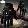 A pair of black durable full finger motorcycle riding gloves shown against a dark, textured background.