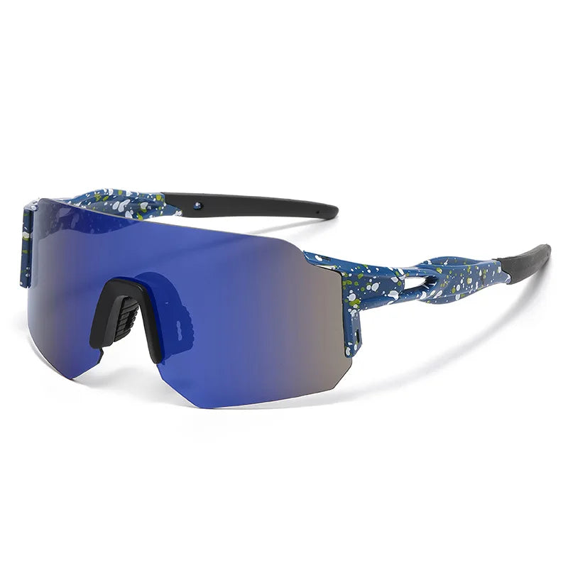 Blue polarized sunglasses with a patterned frame and adjustable arms