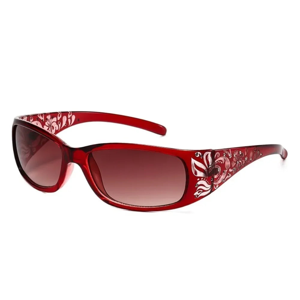 Red Y2K cat eye rhinestone sunglasses with a floral pattern