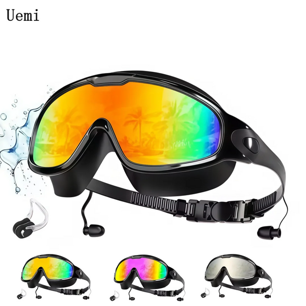 A set of black anti-fog UV swim goggles shown in various colors and angles.