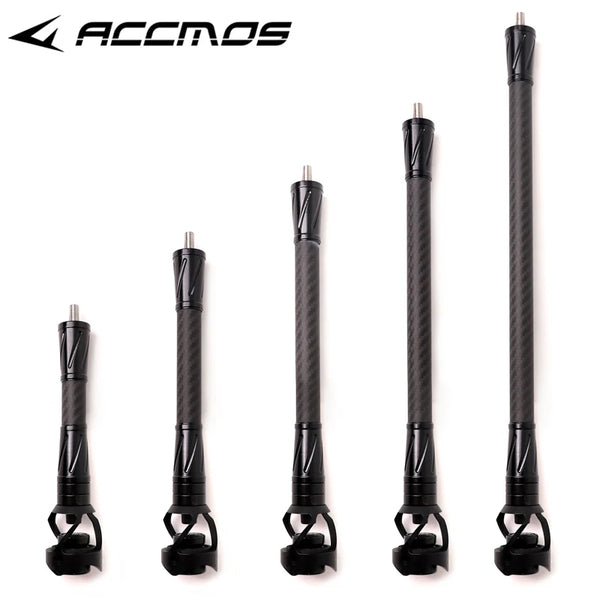 A set of black carbon stabilizers for compound bows shown in various angles.