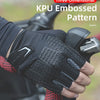 Close-up of a hand wearing black KPU embossed pattern cycling gloves on a bicycle handlebar.