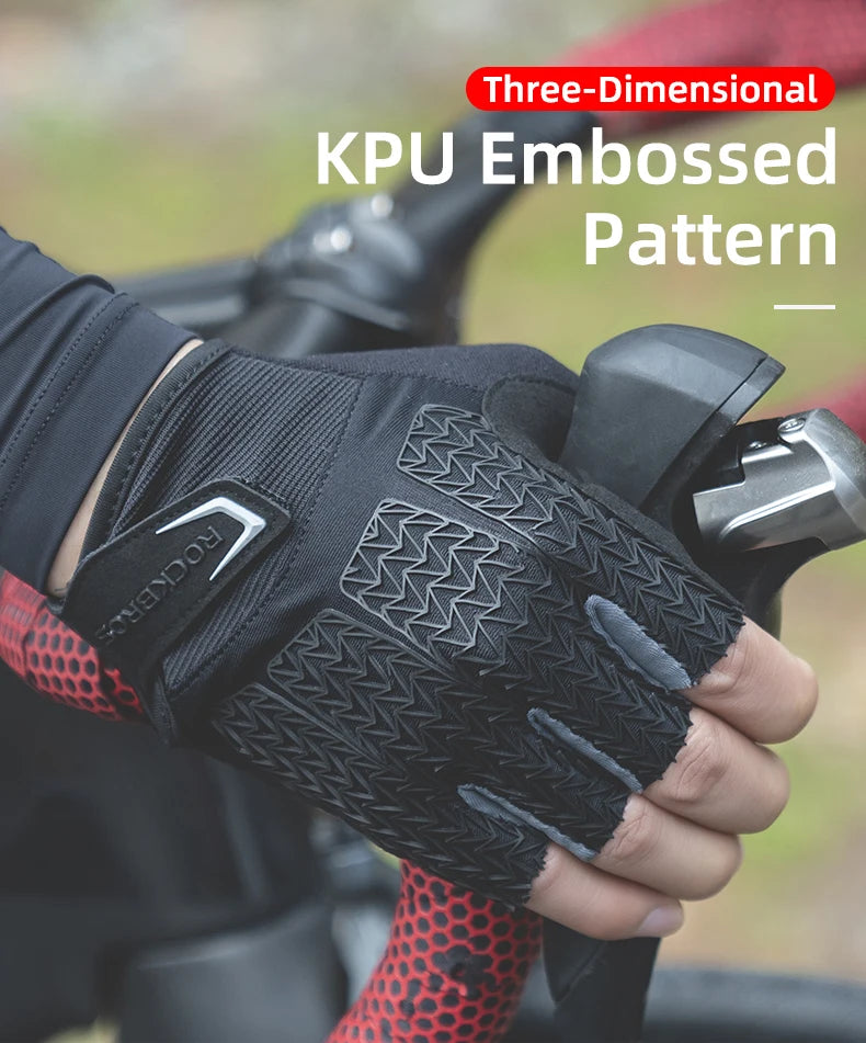 Close-up of a hand wearing black KPU embossed pattern cycling gloves on a bicycle handlebar.