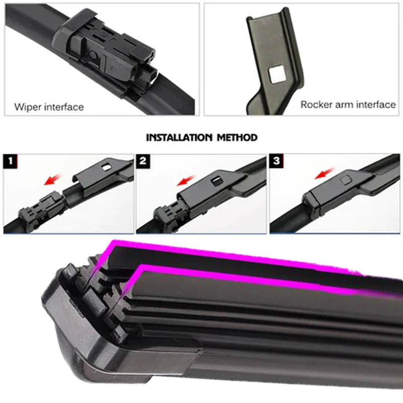Installation method showing the assembly of a wiper arm interface onto a car windshield.