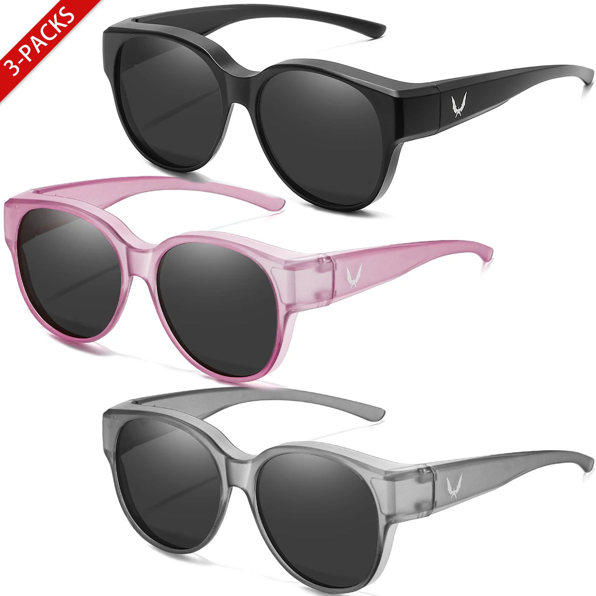 Three pairs of black, pink, and gray sunglasses displayed against a white background.