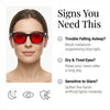 A woman wearing red anti-blue light glasses, with icons indicating benefits for sleep and eye relief.
