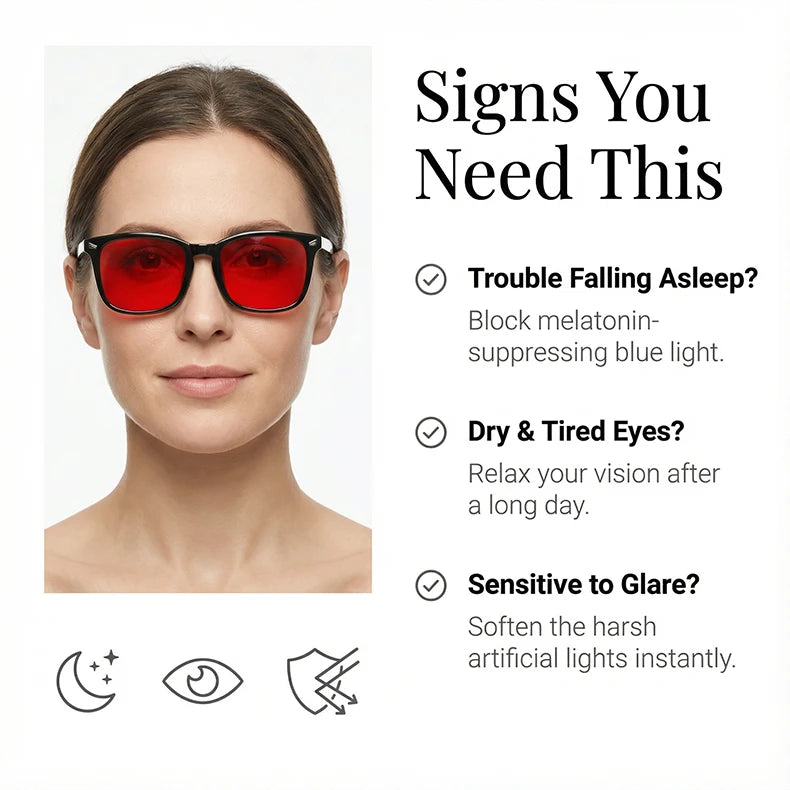 A woman wearing red anti-blue light glasses, with icons indicating benefits for sleep and eye relief.