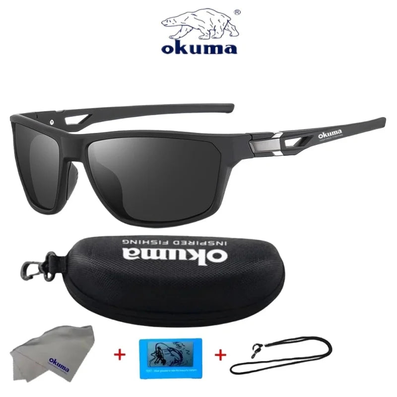 Okuma polarized sports sunglasses with UV protection and color-changing lenses shown with a case and strap