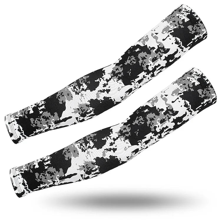 A pair of tactical camouflage arm sleeves for UV protection displayed against a white background.