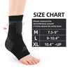 Black adjustable ankle compression brace with a size chart showing measurements for M, L, and XL sizes.