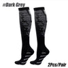 A pair of black dark grey sports compression socks shown against a white background.