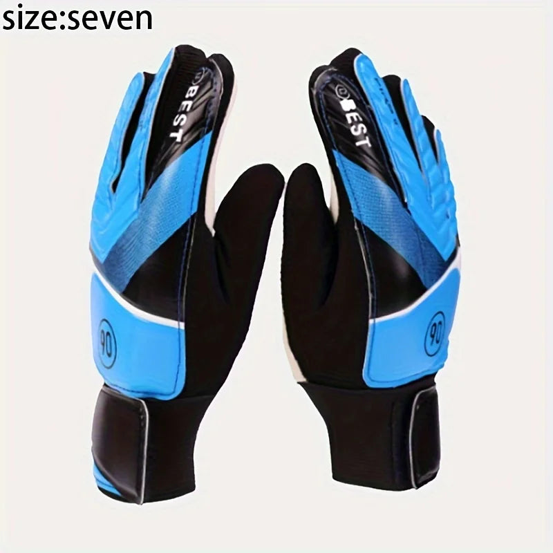 A pair of blue and black latex goalkeeper football gloves shown against a light background.