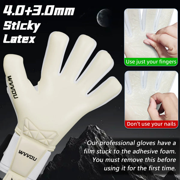 Nahaufnahme eines weißen Latexhandschuhs mit Fingern, der Gebrauchsanweisungen und Warnungen vor dem Verwenden von Nägeln zei