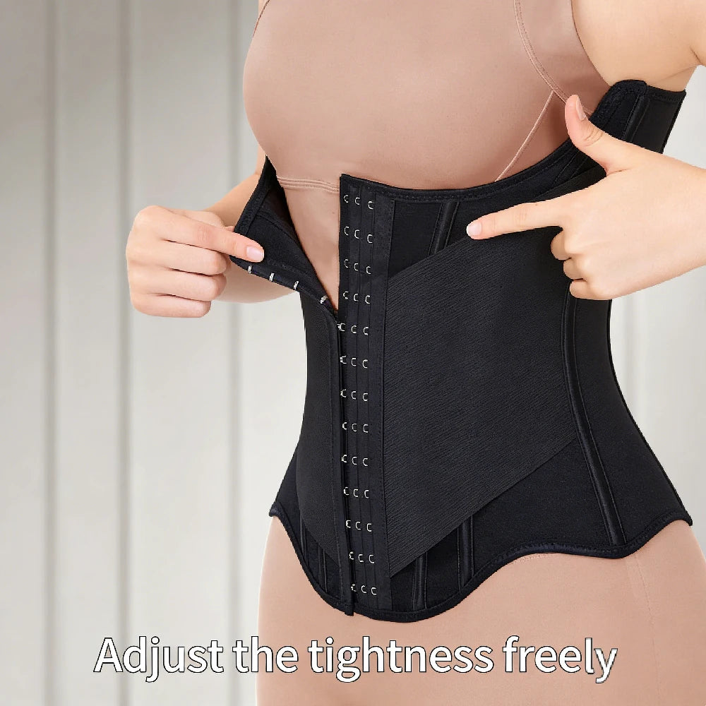 A person adjusts a black invisible waist trainer corset over a nude-toned top, demonstrating its fit.