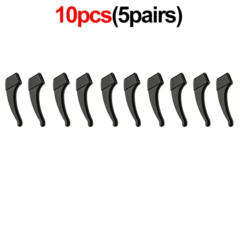 Ten pairs of silicone eyeglass ear hooks designed for an anti-slip grip.