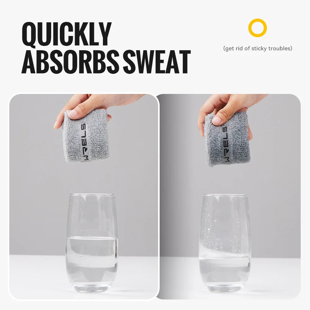 A hand is shown using a multi-use athletic sweatband to absorb sweat from a glass of water.