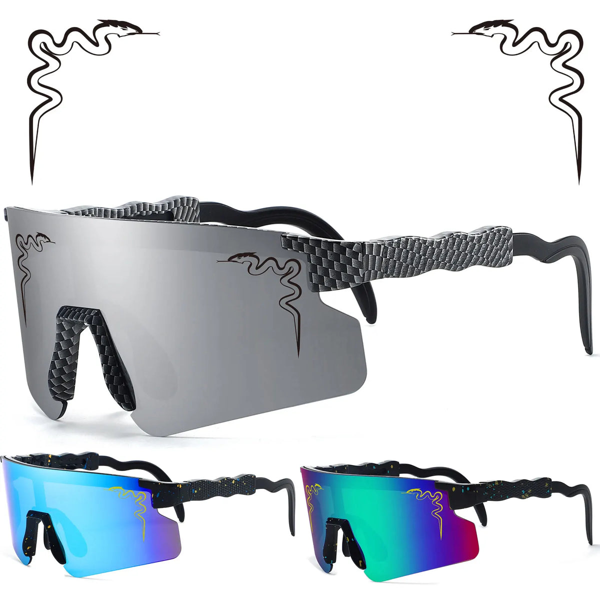 A set of UV400 protective cycling sunglasses shown in dark gray and iridescent blue/green colors.