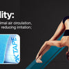 A person demonstrates the breathability of kinesiology tape on their skin while performing a stretch.