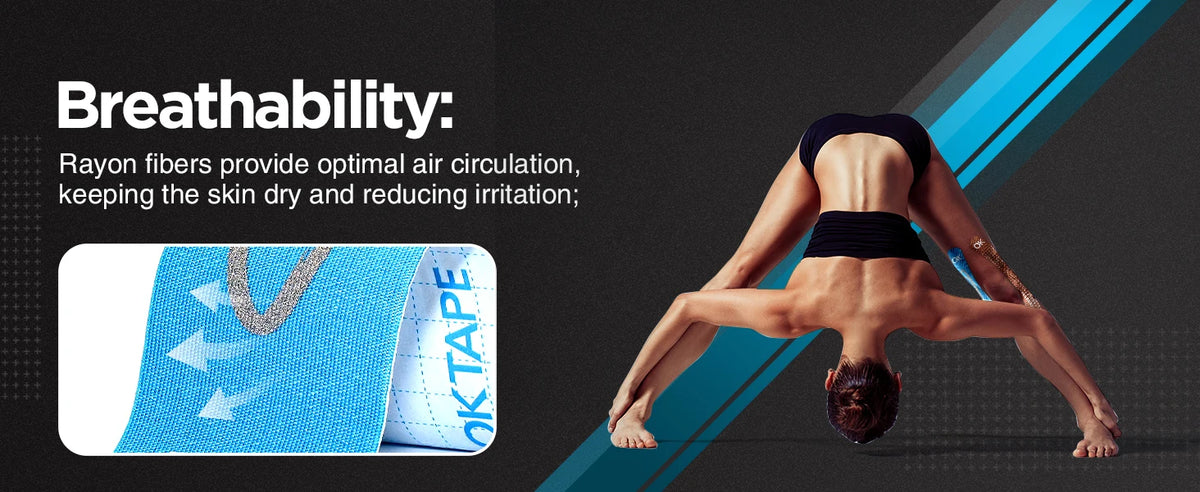 A person demonstrates the breathability of kinesiology tape on their skin while performing a stretch.