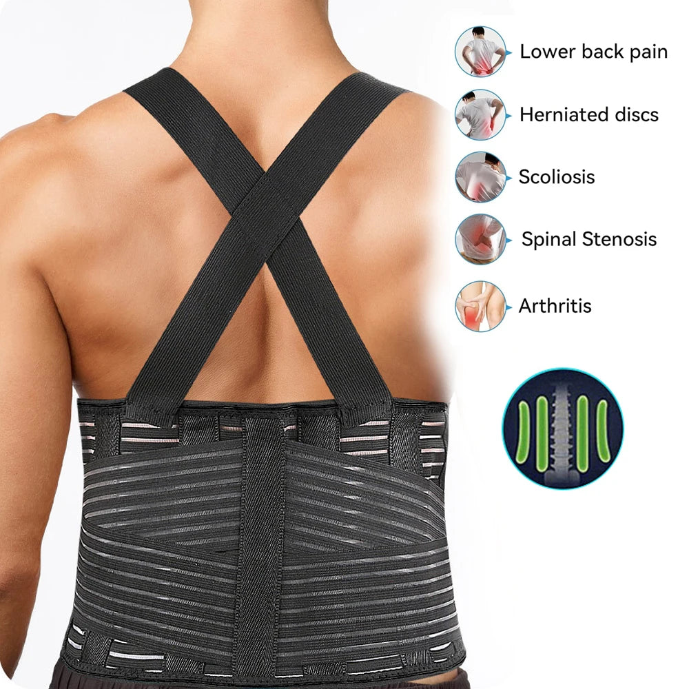 Schwarze ergonomische, robuste Rückenbandage zur Unterstützung der Wirbelsäule.