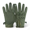 A pair of olive green touch screen winter tactical gloves shown flat.