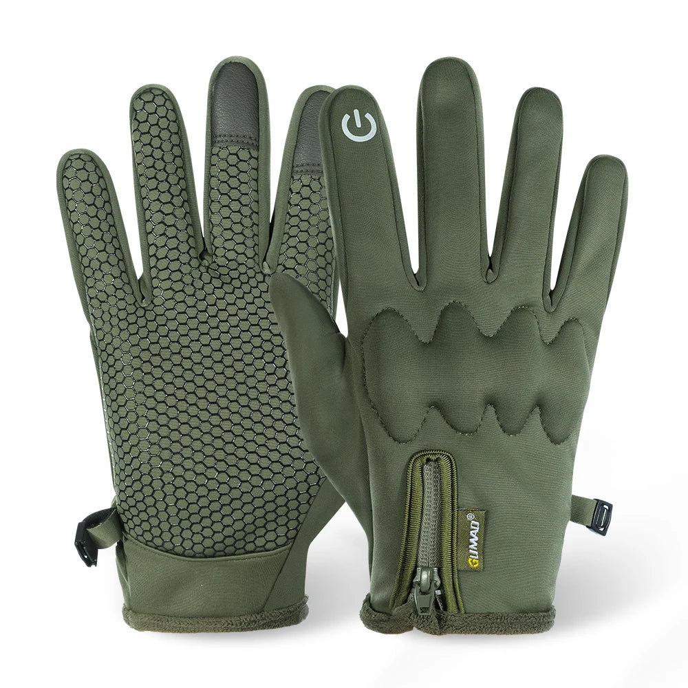 A pair of olive green touch screen winter tactical gloves shown flat.