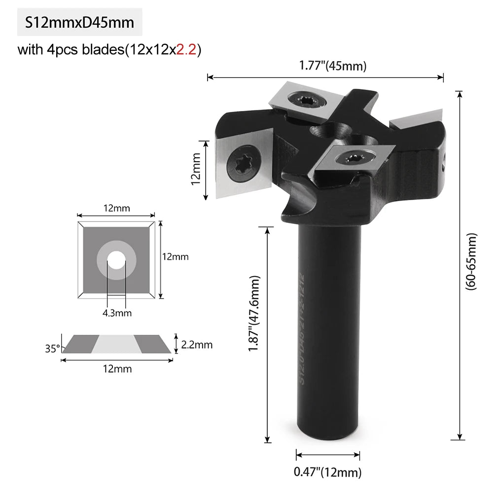 A black precision wood milling router bit set with four blades and a cylindrical holder.