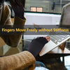 A person wearing dark gloves is using a laptop, demonstrating fingers moving freely without stiffness.