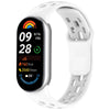 A white smart watch band replacement with a black display showing workout data and a rainbow graphic.
