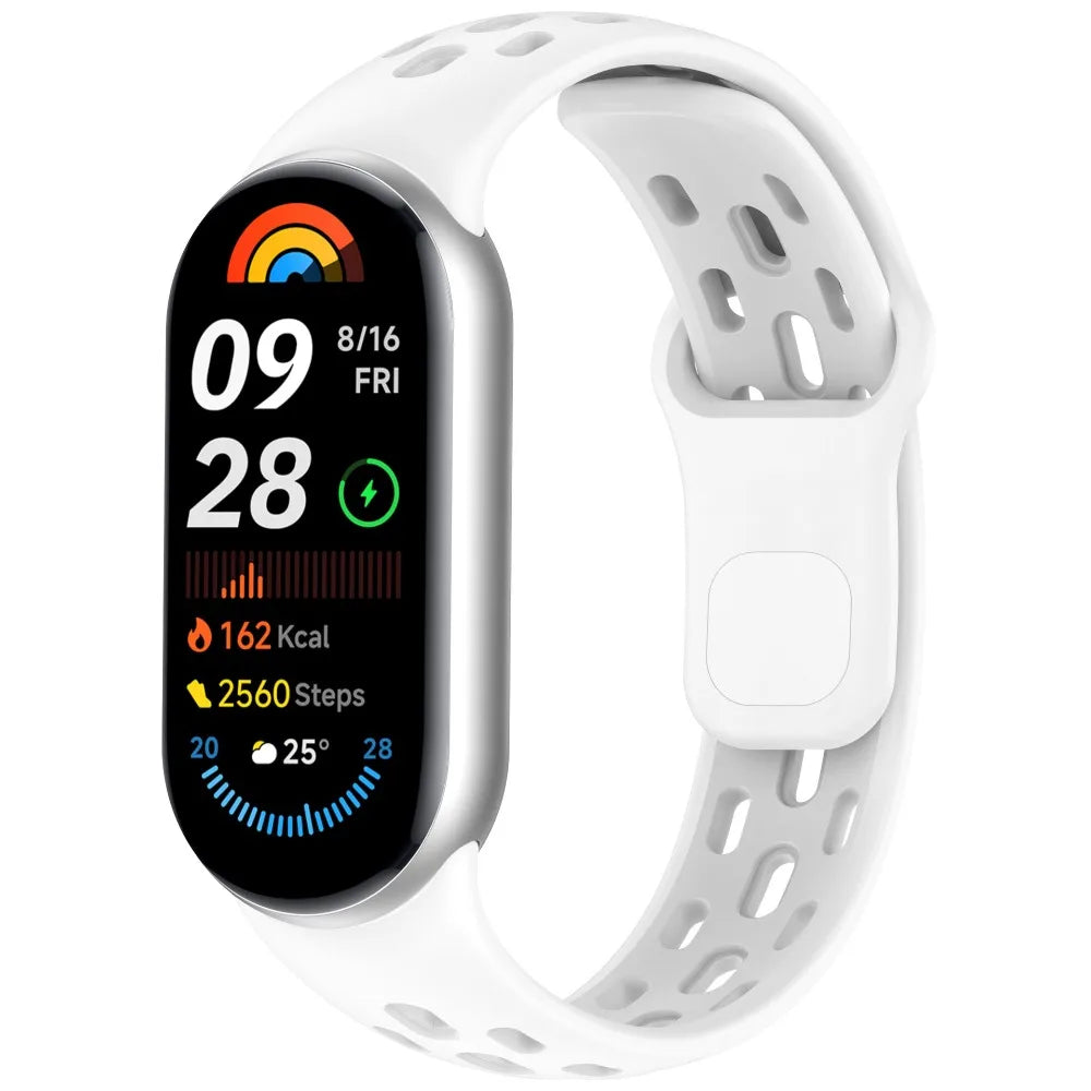 A white smart watch band replacement with a black display showing workout data and a rainbow graphic.