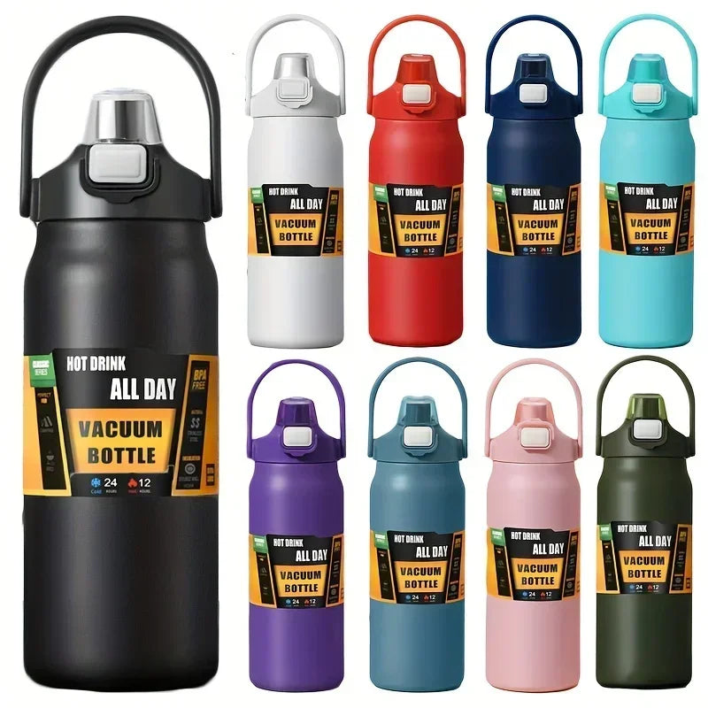 A collection of insulated stainless steel water bottles in various colors including black, silver, red, blue, and green.